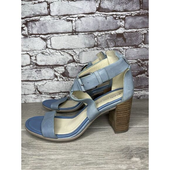 ECCO DANISH DESIGN Blue Leather Ankle Strappy Stacked Heel Sandals Women Sz 40EU - Picture 1 of 16